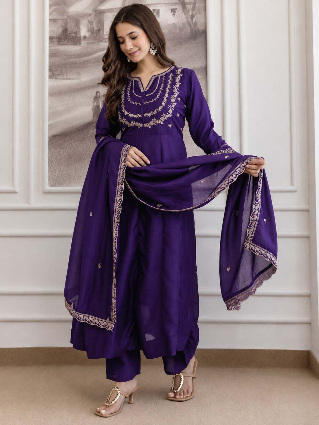 Embroidery Vichitra Silk Anarkali Kurta Pant Set With Dupatta