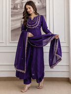 Embroidery Vichitra Silk Anarkali Kurta Pant Set With Dupatta
