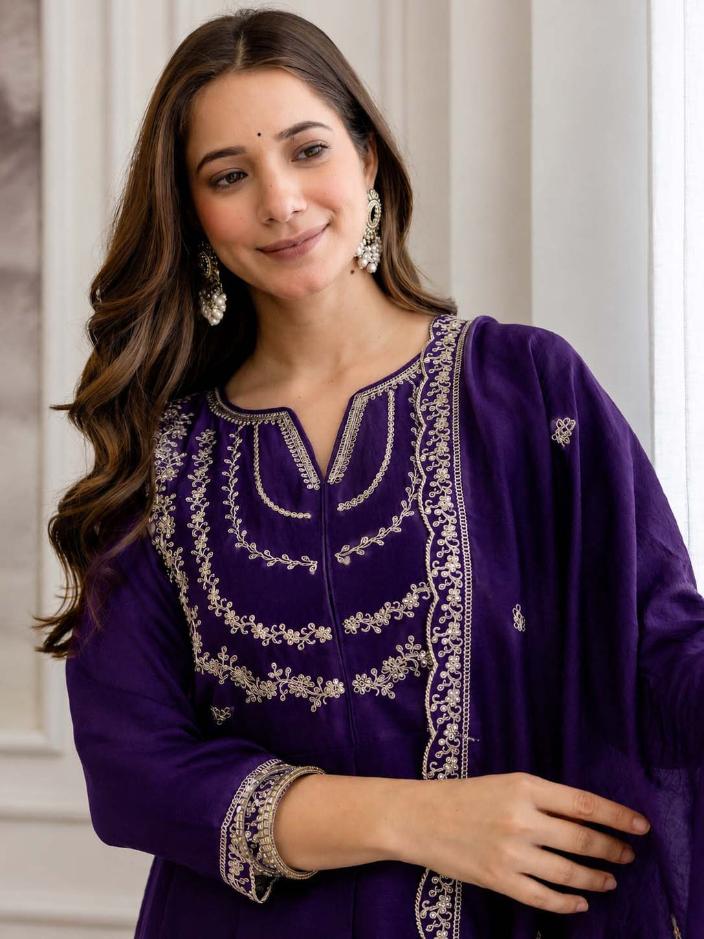 Embroidery Vichitra Silk Anarkali Kurta Pant Set With Dupatta