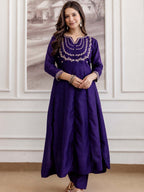 Embroidery Vichitra Silk Anarkali Kurta Pant Set With Dupatta