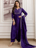 Embroidery Vichitra Silk Anarkali Kurta Pant Set With Dupatta