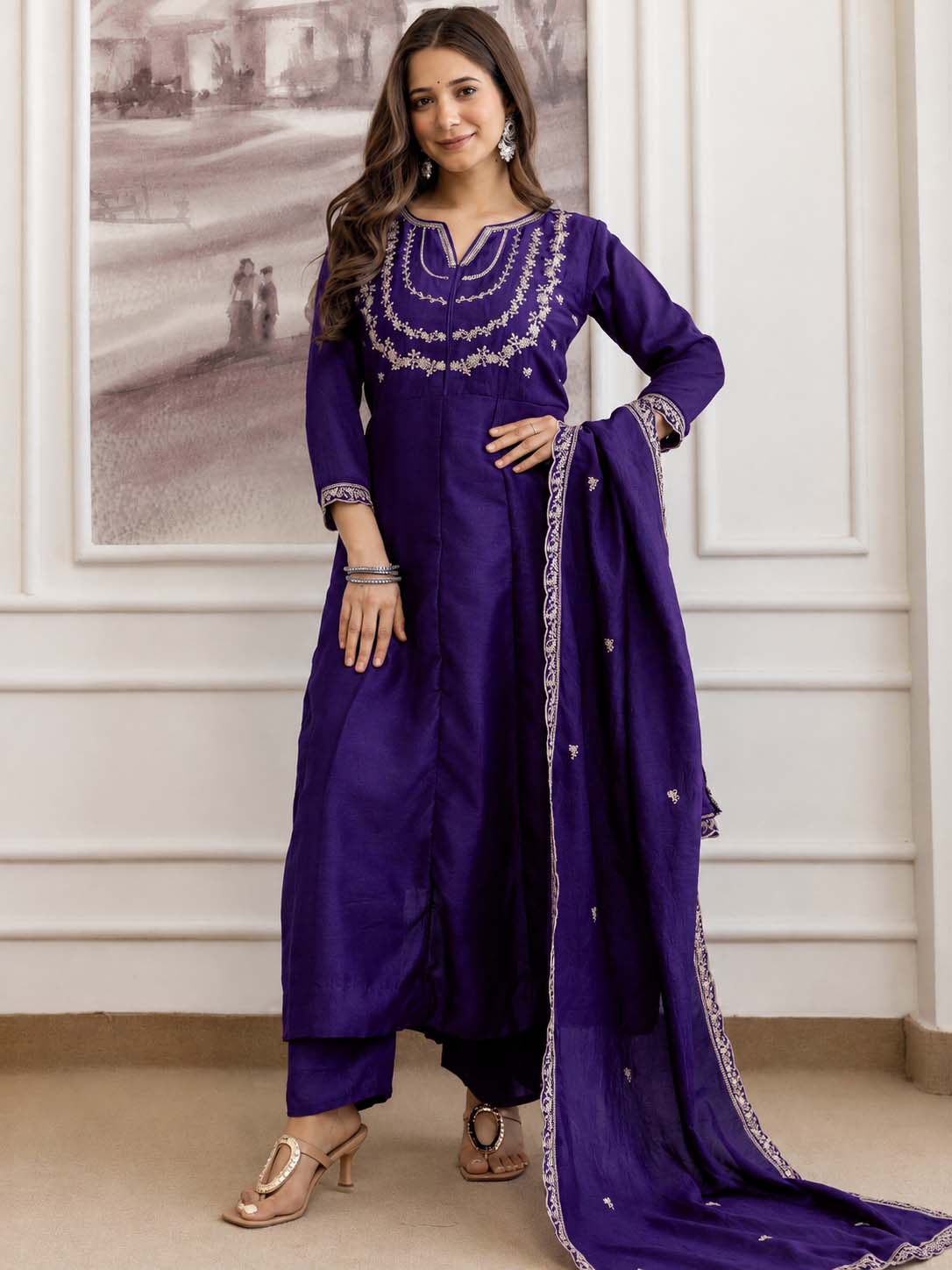 Embroidery Vichitra Silk Anarkali Kurta Pant Set With Dupatta
