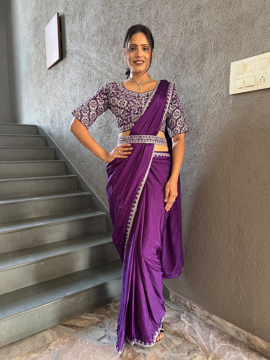 Ready To Wear Chinon Embroidery Work Saree With Stitched Blouse