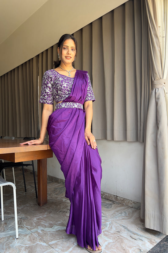 Ready To Wear Chinon Embroidery Work Saree With Stitched Blouse