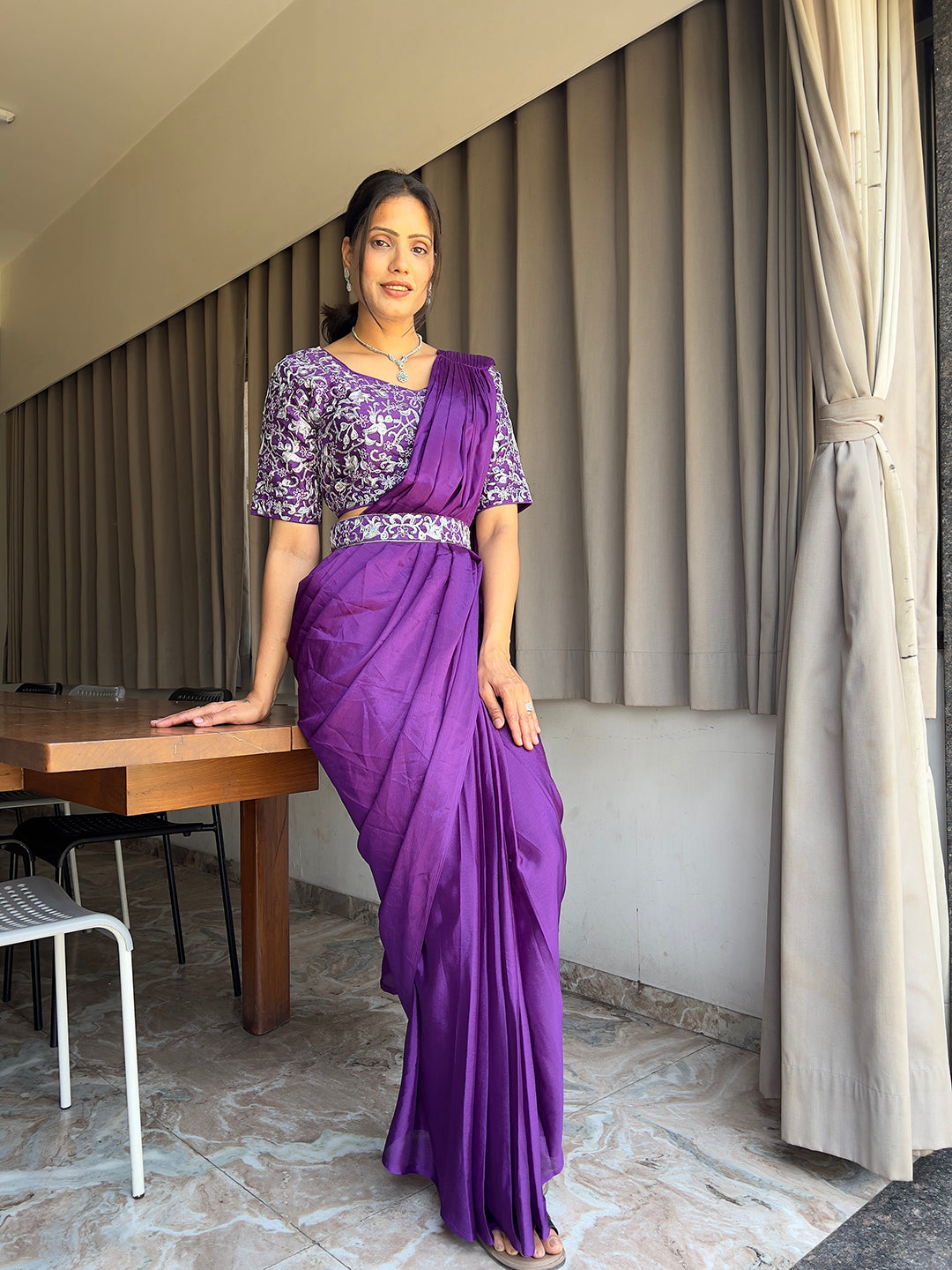 Ready To Wear Chinon Embroidery Work Saree With Stitched Blouse