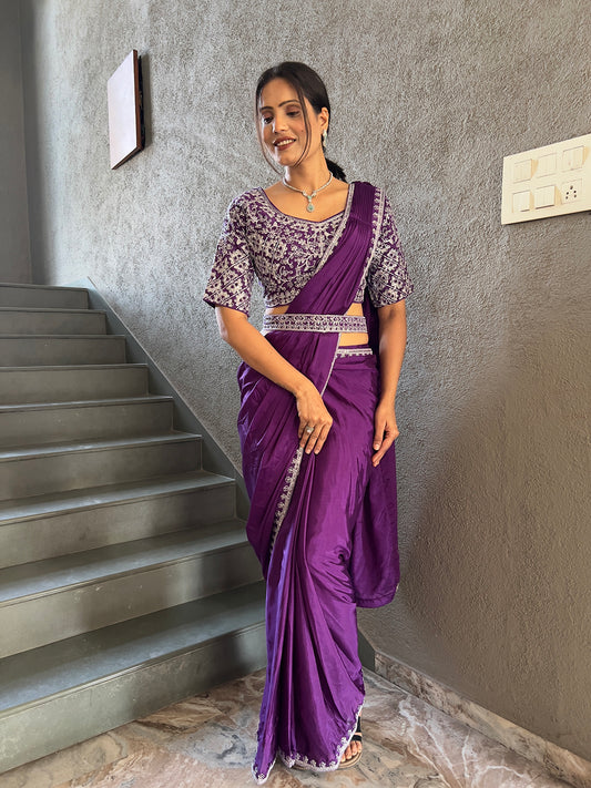 Ready To Wear Chinon Embroidery Work Saree With Stitched Blouse