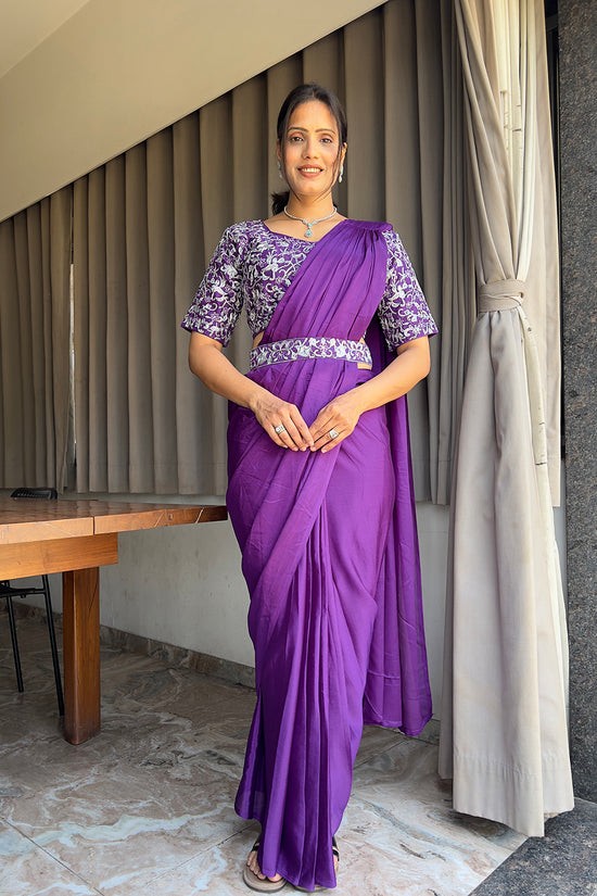 Ready To Wear Chinon Embroidery Work Saree With Stitched Blouse