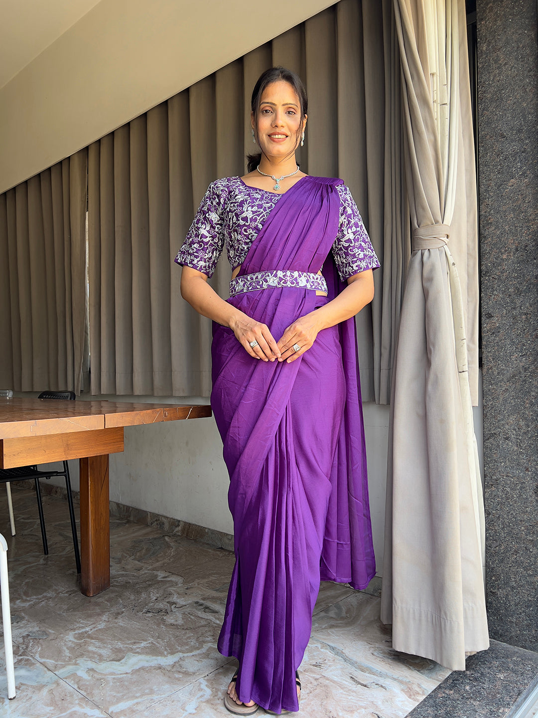 Ready To Wear Chinon Embroidery Work Saree With Stitched Blouse