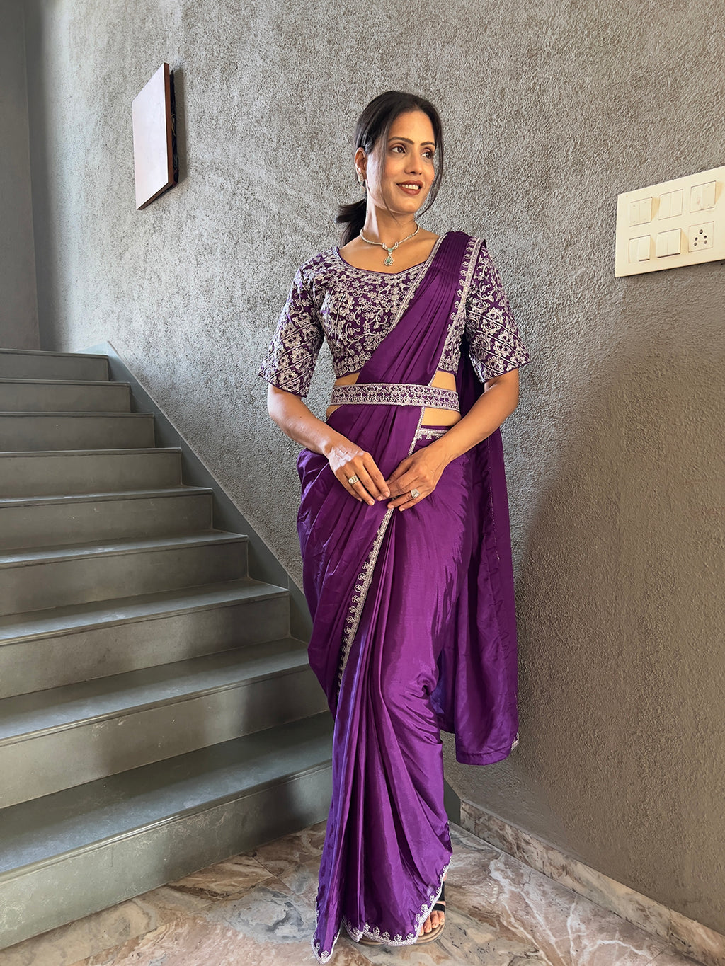 Ready To Wear Chinnon Embroidery Work Saree With Stitched Blouse