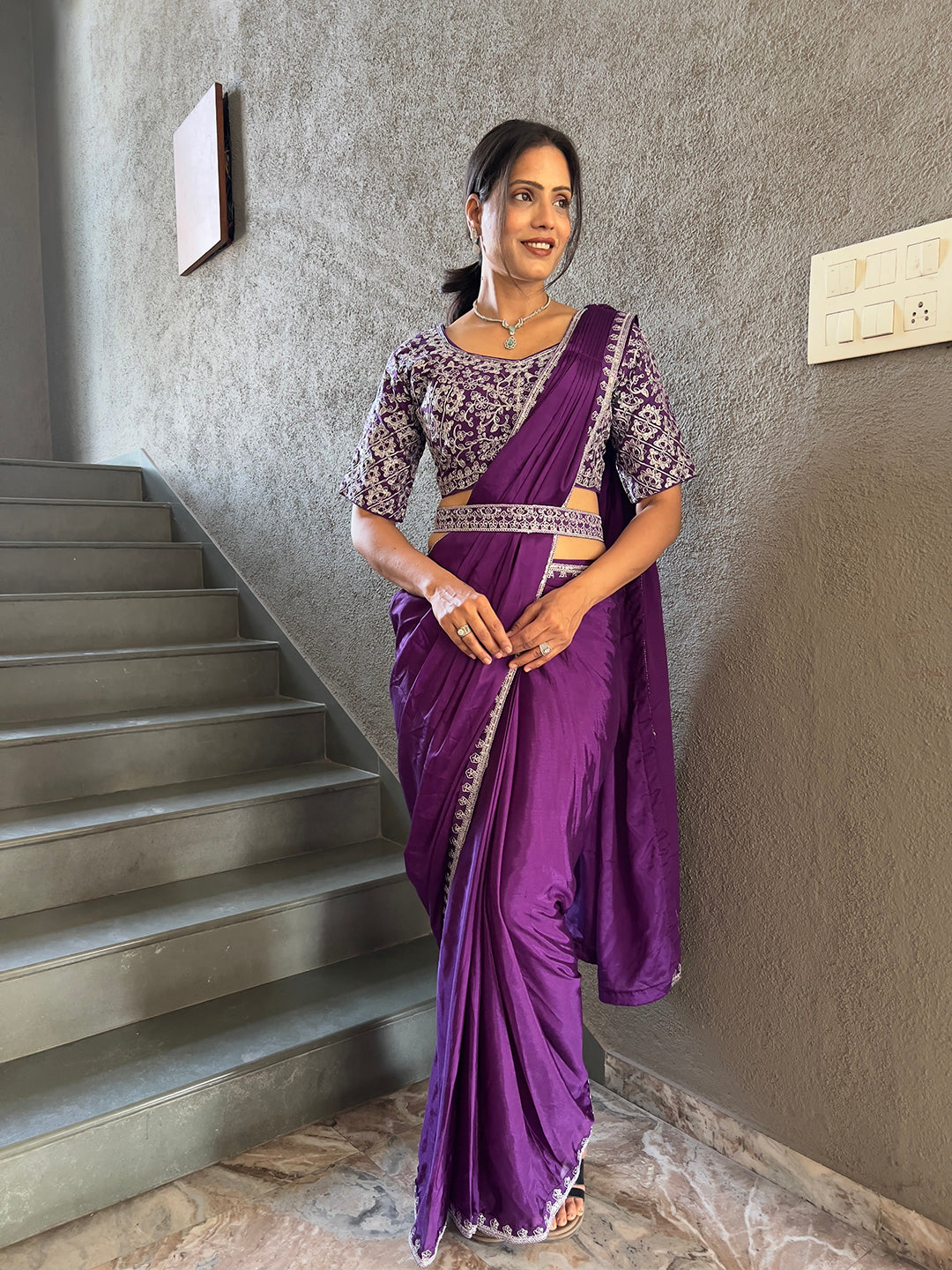 Ready To Wear Chinnon Embroidery Work Saree With Stitched Blouse