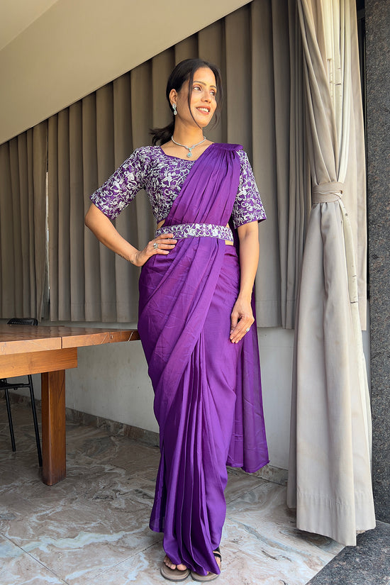 Ready To Wear Chinon Embroidery Work Saree With Stitched Blouse