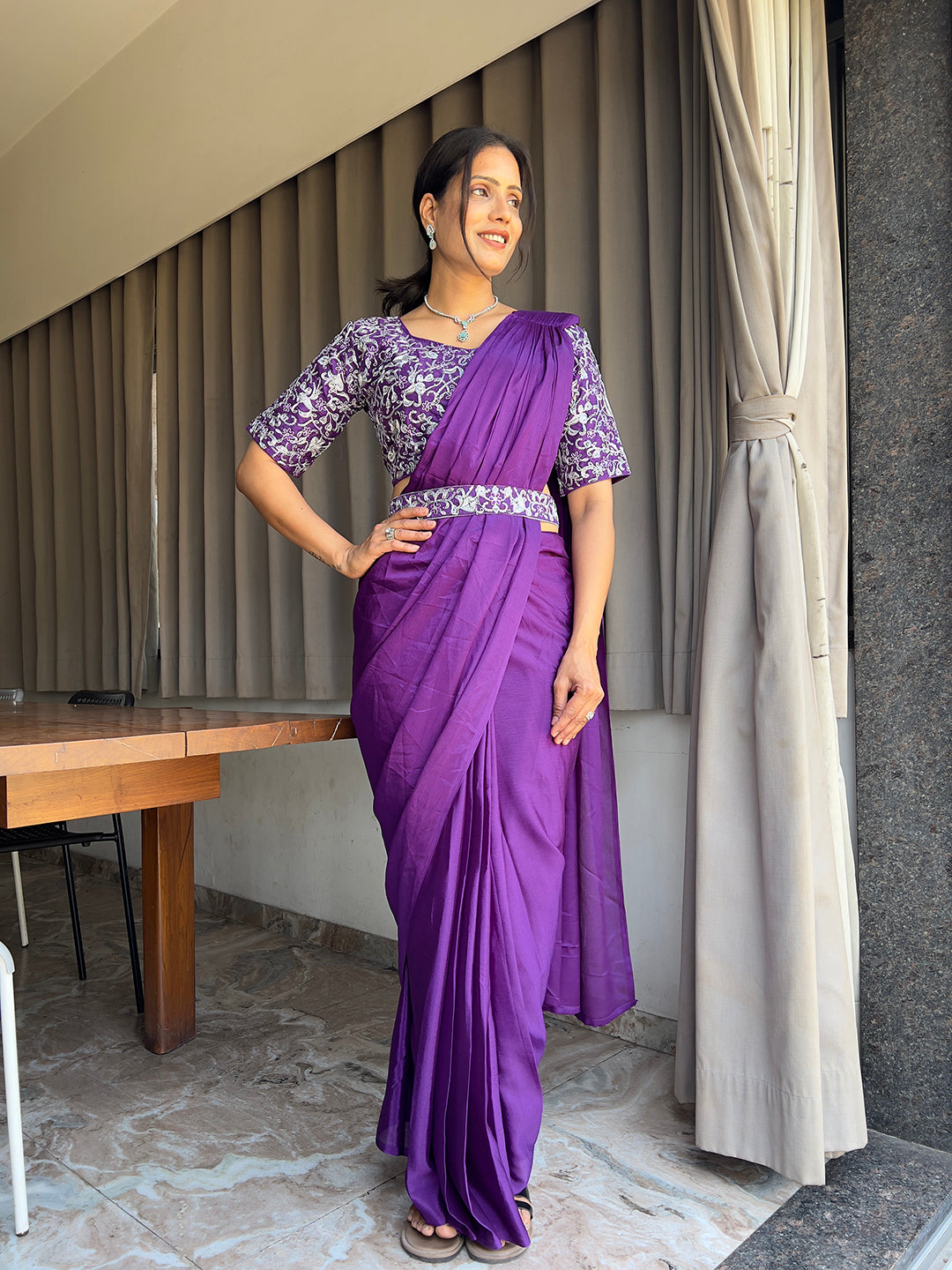 Ready To Wear Chinon Embroidery Work Saree With Stitched Blouse