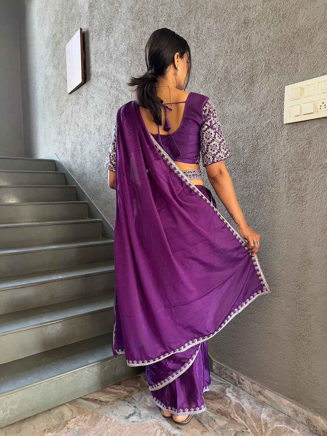 Ready To Wear Chinnon Embroidery Work Saree With Stitched Blouse