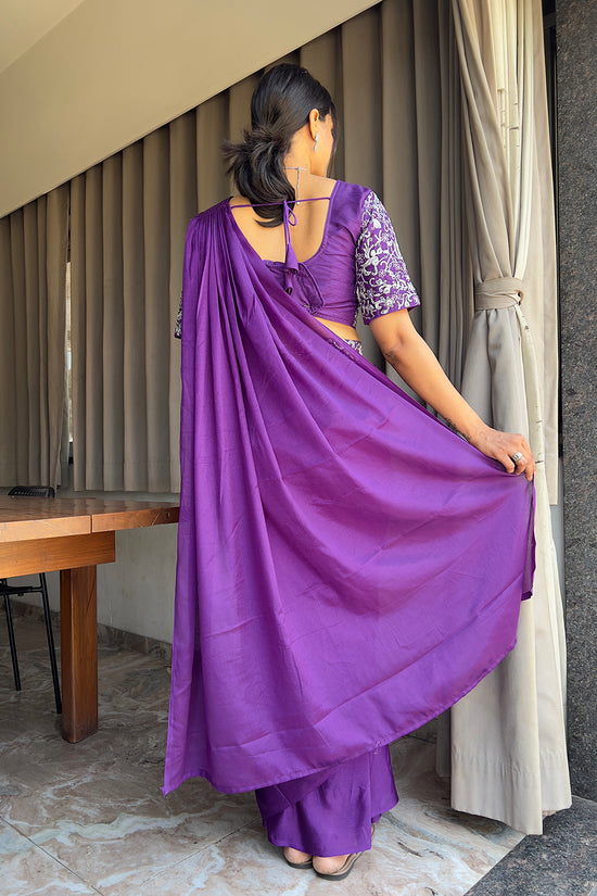 Ready To Wear Chinon Embroidery Work Saree With Stitched Blouse