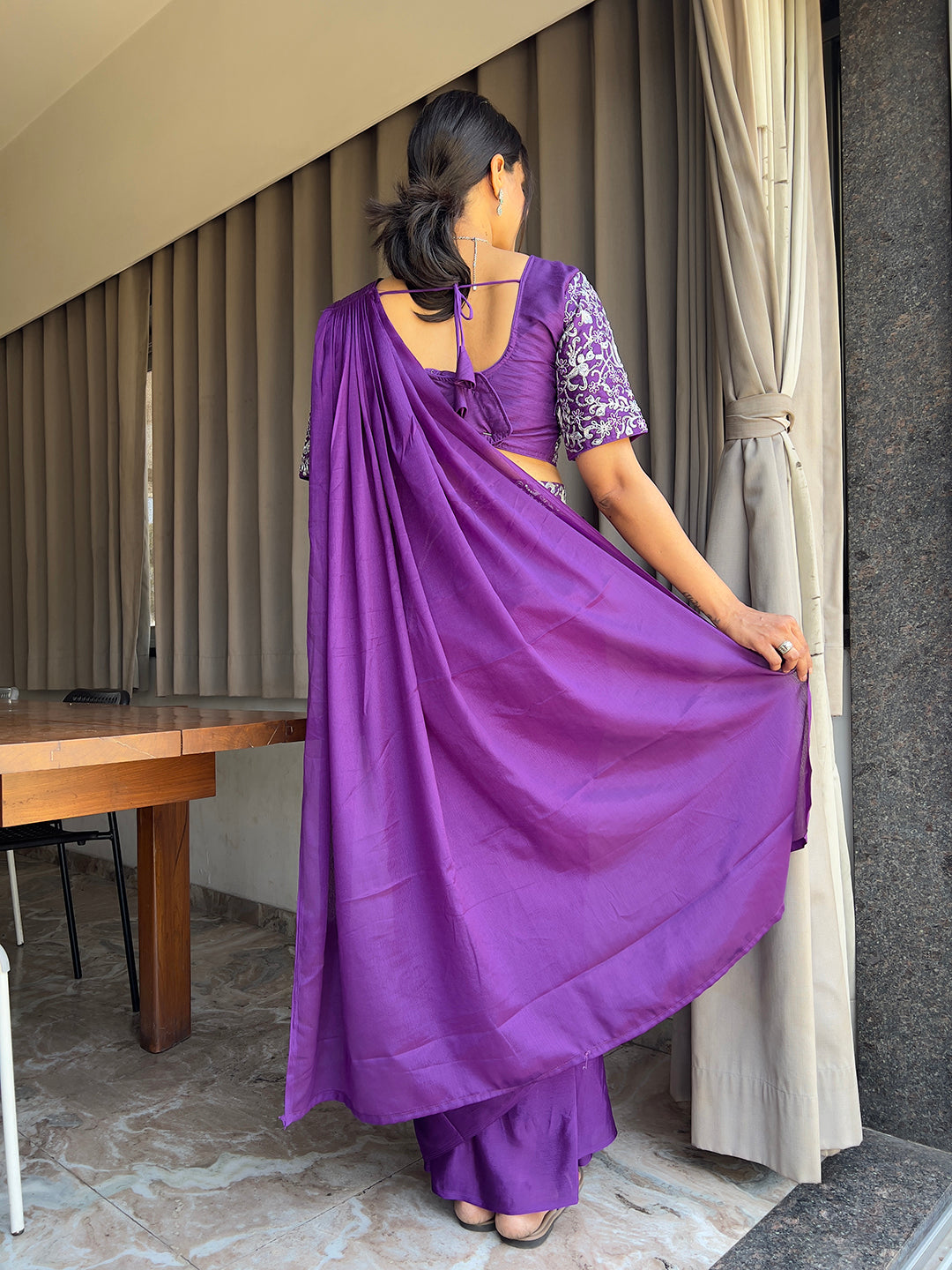 Ready To Wear Chinon Embroidery Work Saree With Stitched Blouse
