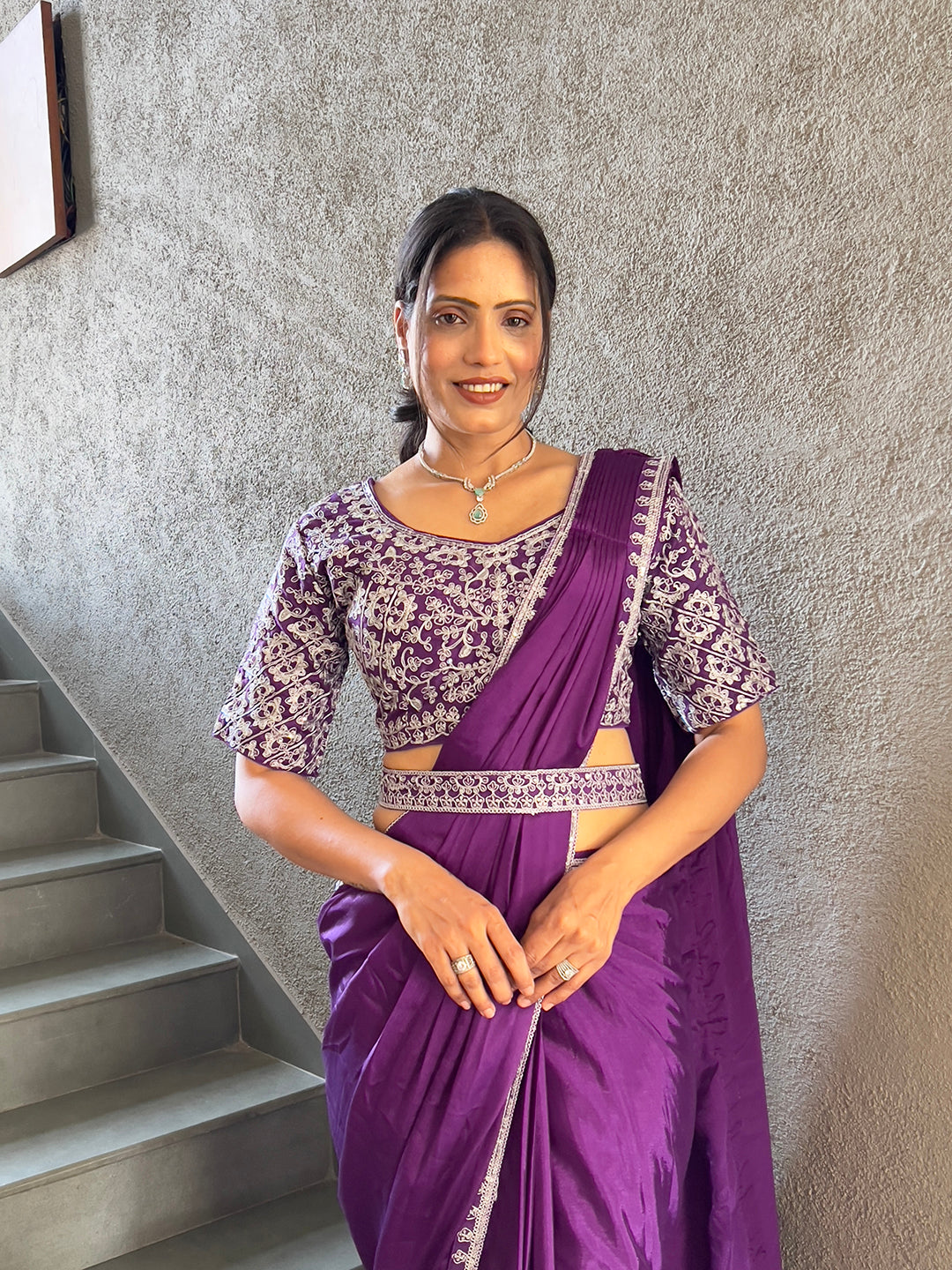 Ready To Wear Chinnon Embroidery Work Saree With Stitched Blouse