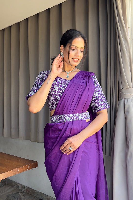 Ready To Wear Chinon Embroidery Work Saree With Stitched Blouse