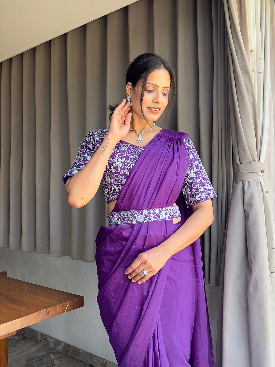Ready To Wear Chinon Embroidery Work Saree With Stitched Blouse