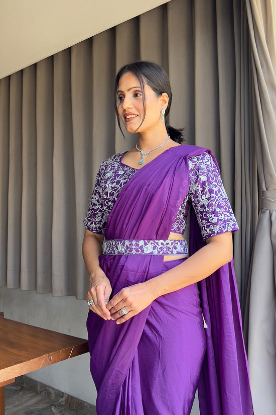 Ready To Wear Chinon Embroidery Work Saree With Stitched Blouse