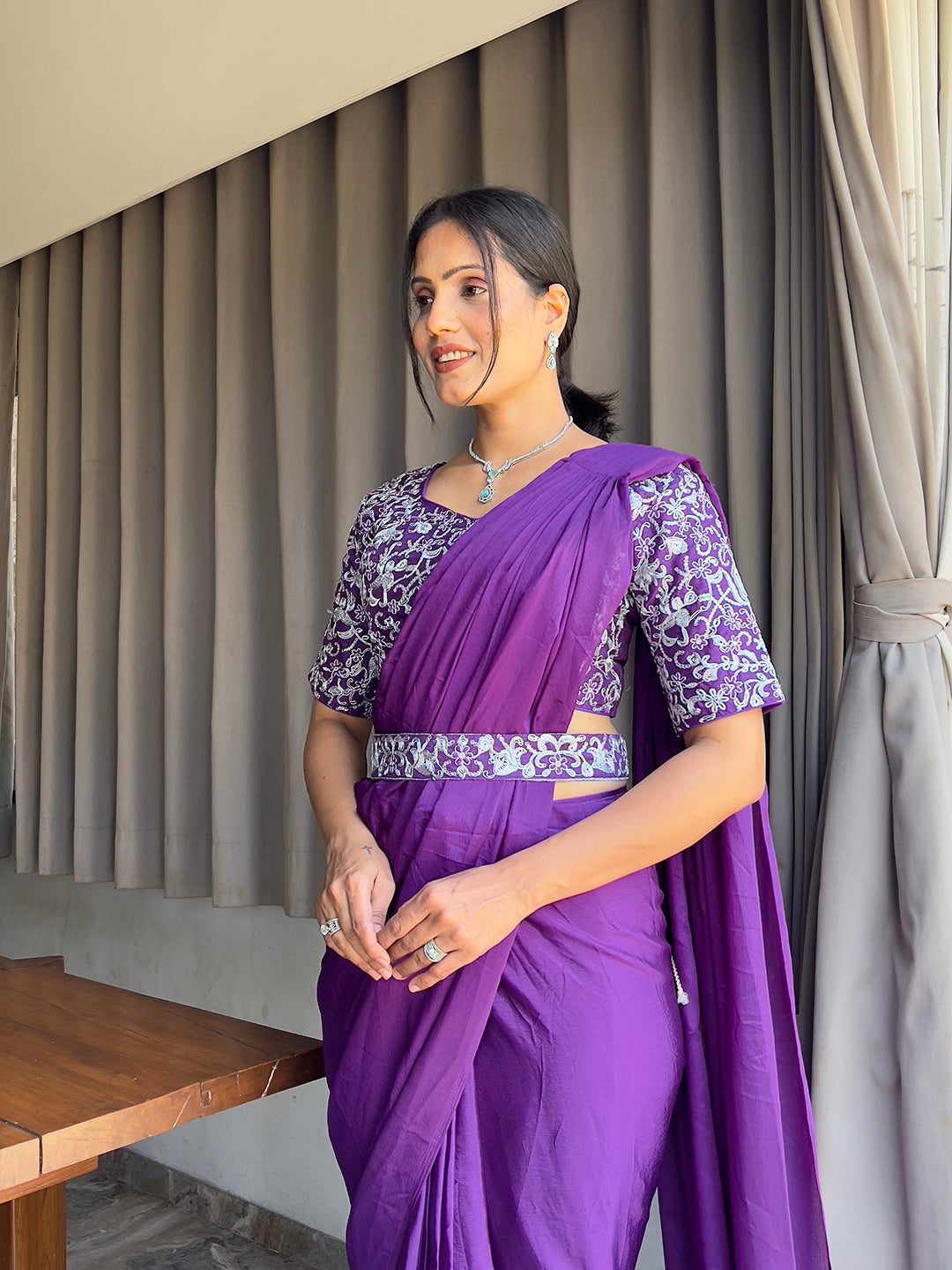 Ready To Wear Chinon Embroidery Work Saree With Stitched Blouse