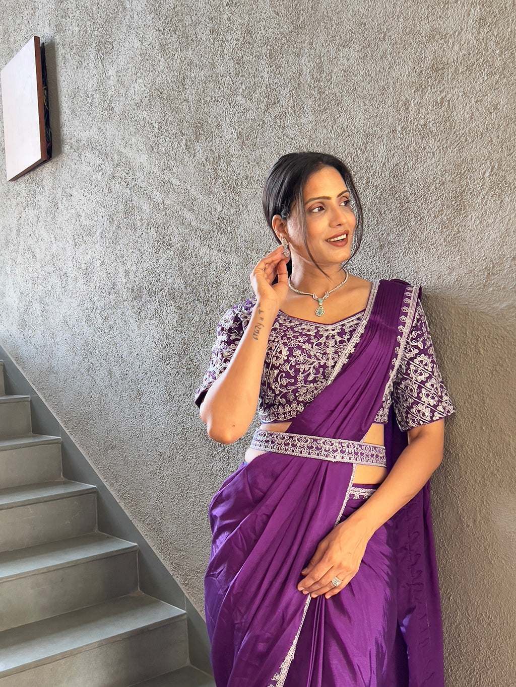Ready To Wear Chinnon Embroidery Work Saree With Stitched Blouse