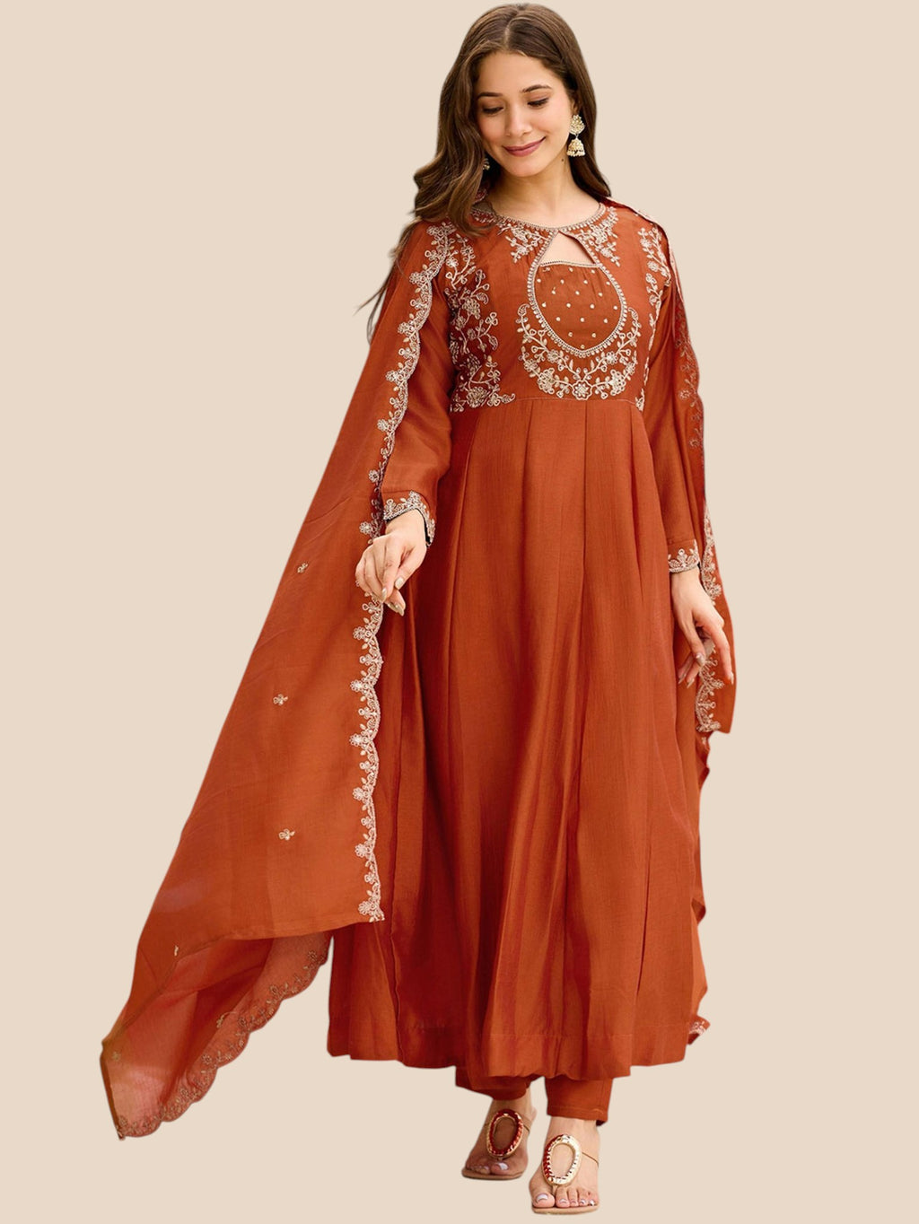 Rust Orange Embroidered Silk Anarkali Kurta Set