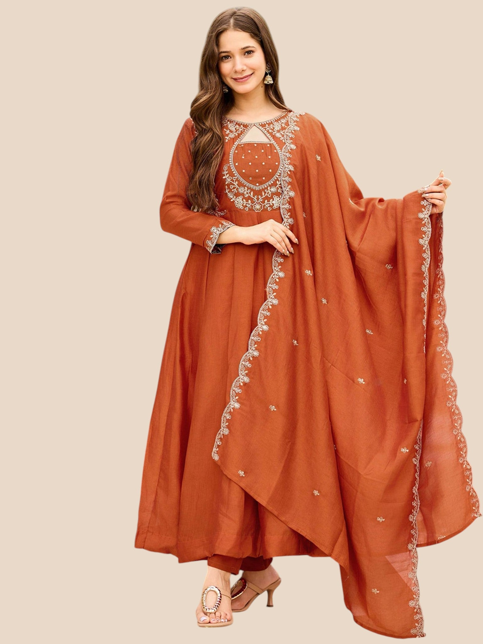 Rust Orange Embroidered Silk Anarkali Kurta Set