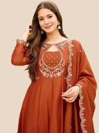 Rust Orange Embroidered Silk Anarkali Kurta Set