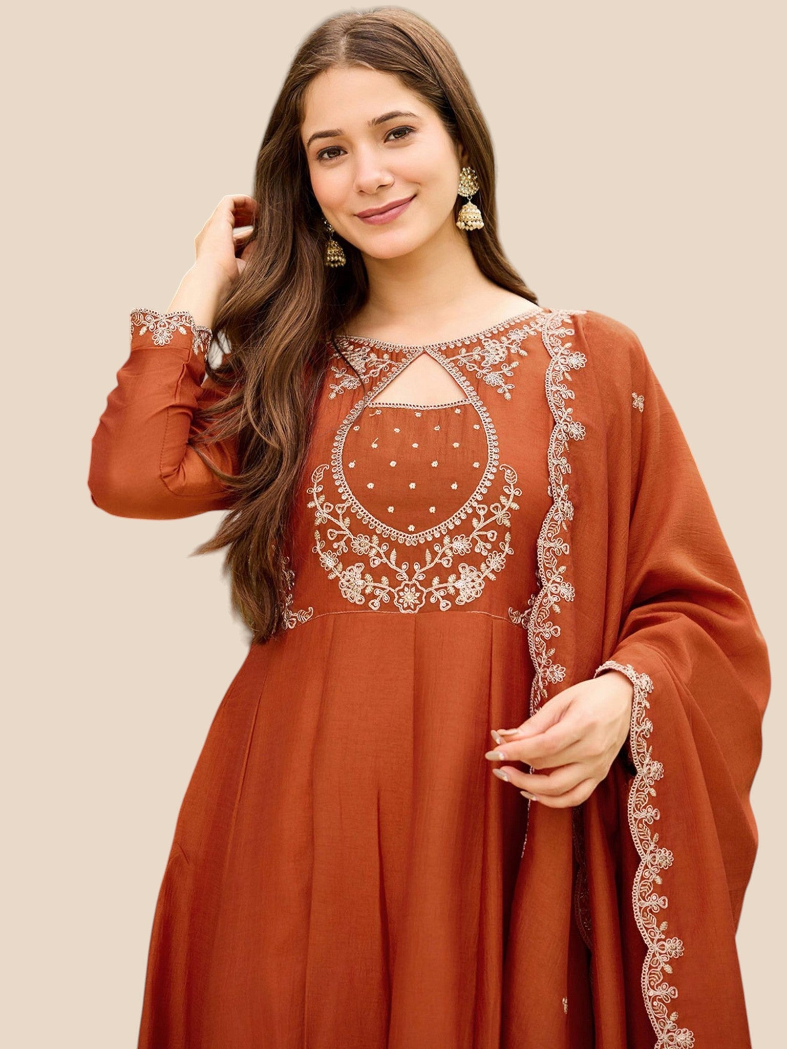 Rust Orange Embroidered Silk Anarkali Kurta Set