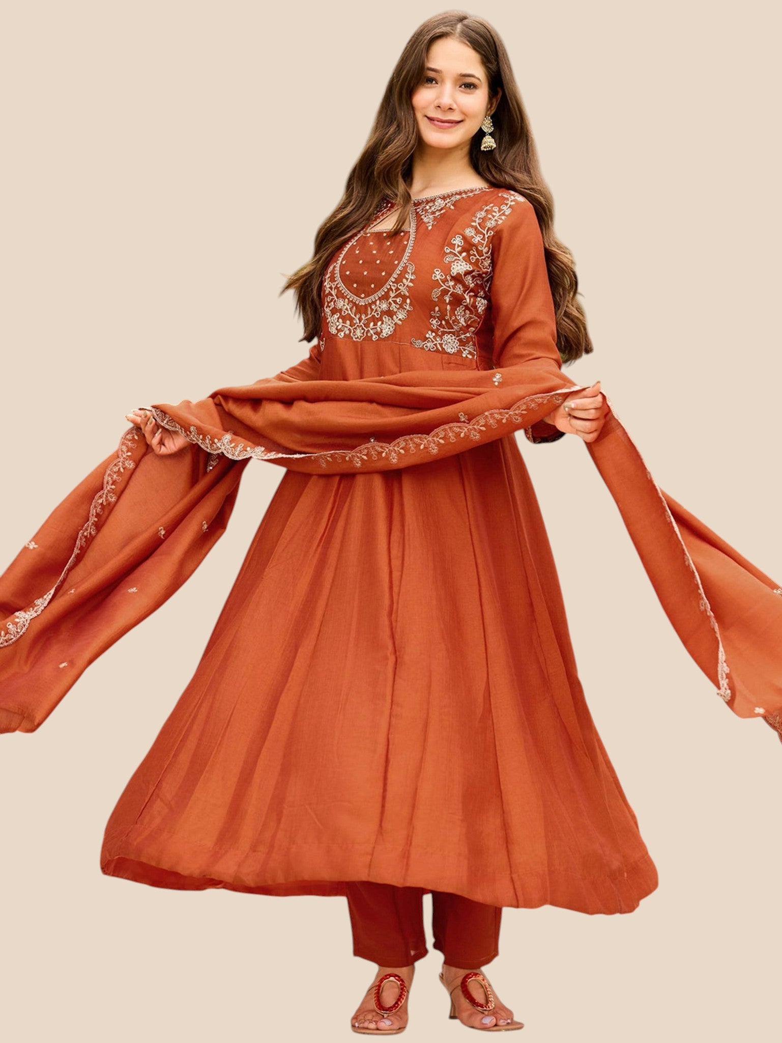 Rust Orange Embroidered Silk Anarkali Kurta Set