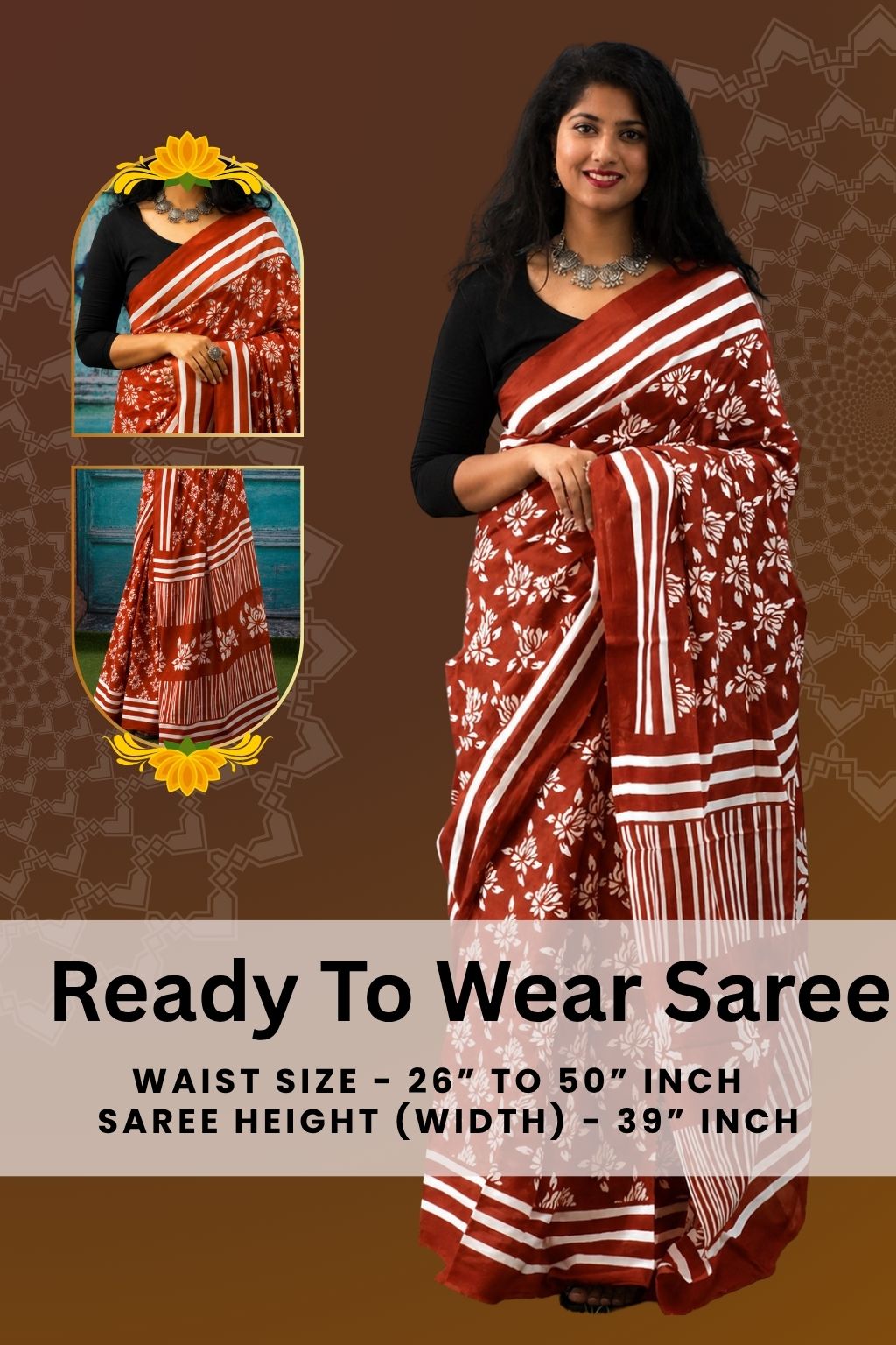 Jaipuri Mul Cotton Ready to Wear Saree for Women | Batik Floral Printed Pre-Draped Pre-Pleated Cotton Saree | Adjustable Waist 26–50 Inch