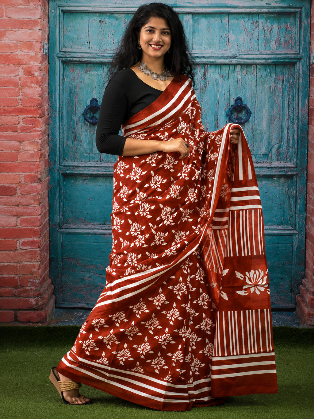 Jaipuri Mul Cotton Ready to Wear Saree for Women | Batik Floral Printed Pre-Draped Pre-Pleated Cotton Saree | Adjustable Waist 26–50 Inch