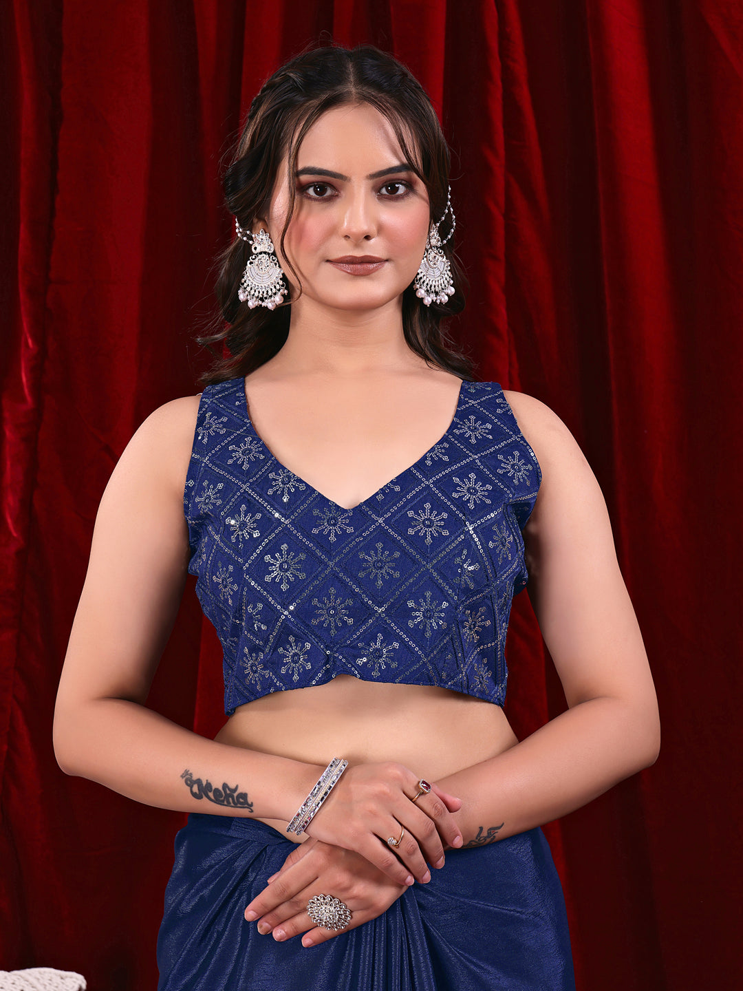 Chinon Solid Saree with Embroidered Lace Border