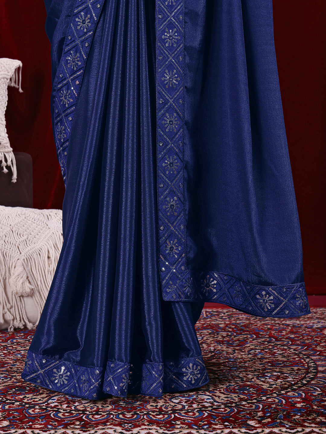 Chinon Solid Saree with Embroidered Lace Border