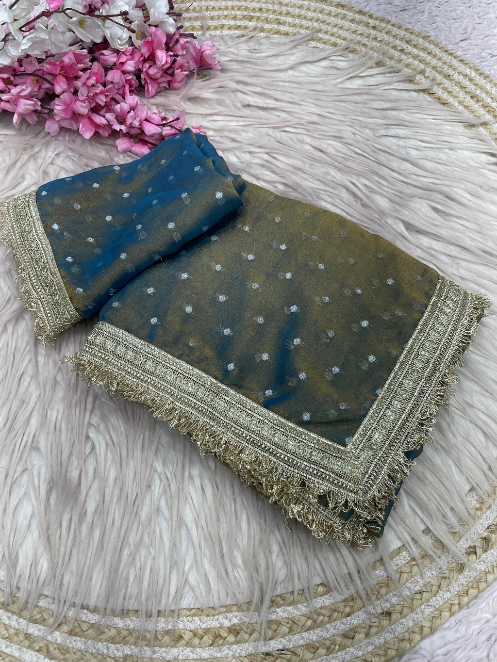 Moss Silk Jacquard Butti Saree with Fancy Lace Border