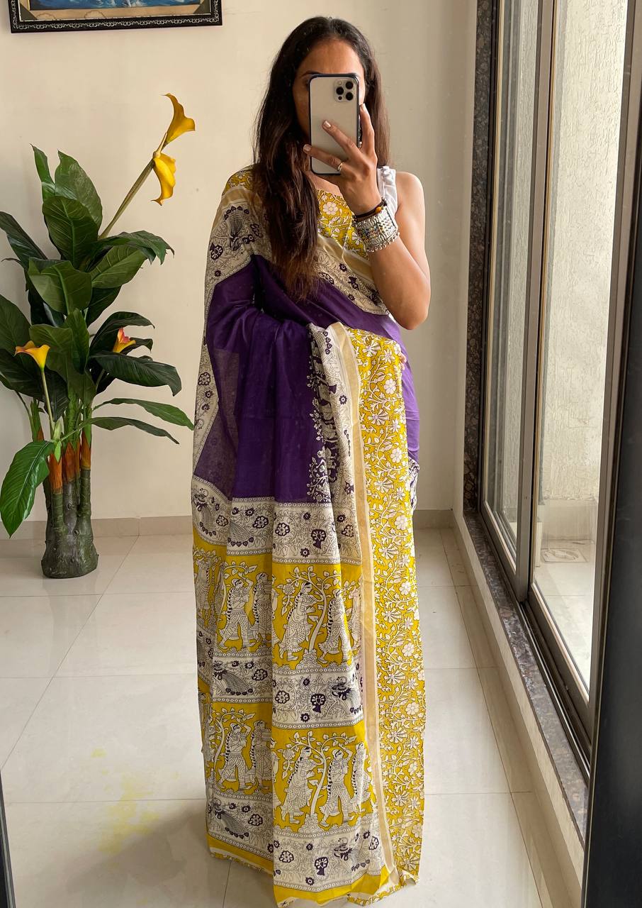 Kalamkari Hand Block Print Mulmul Cotton Saree