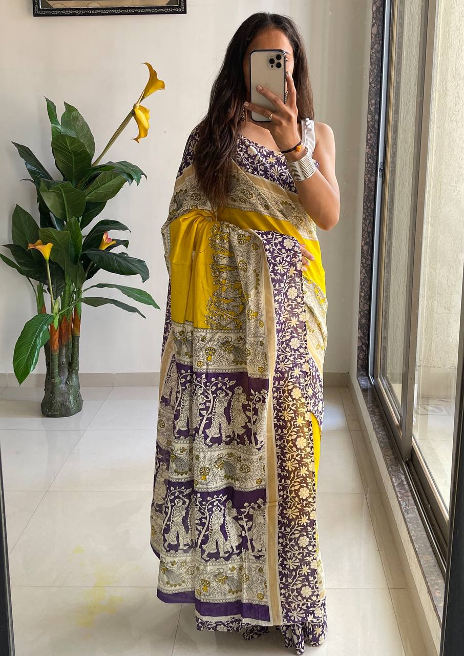 Kalamkari Hand Block Print Mulmul Cotton Saree