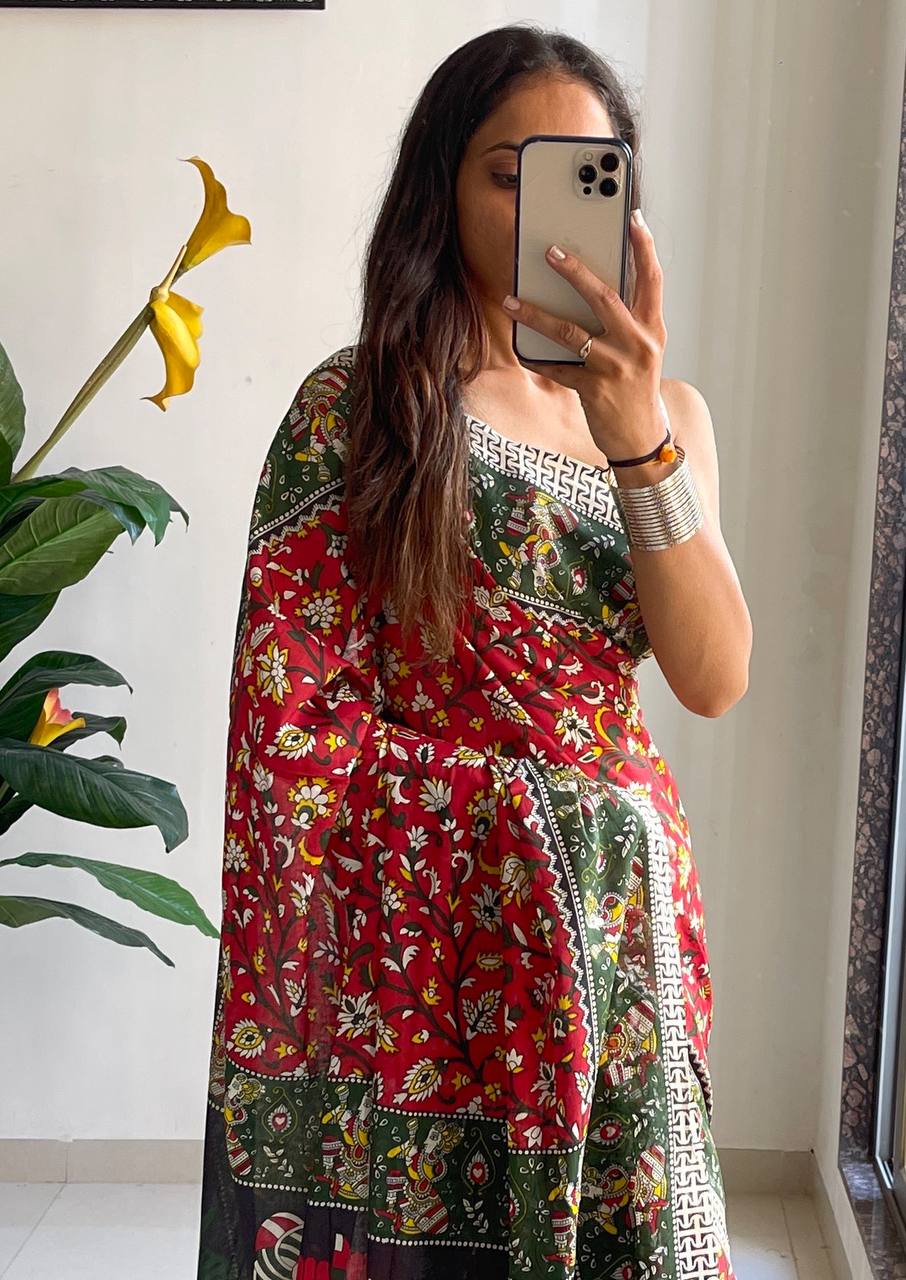 Mulmul Cotton Kalamkari Hand Block Print Saree