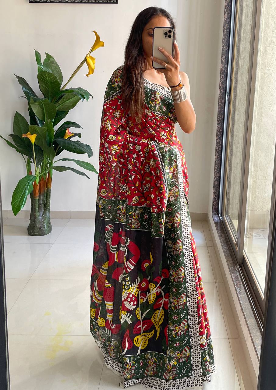 Mulmul Cotton Kalamkari Hand Block Print Saree