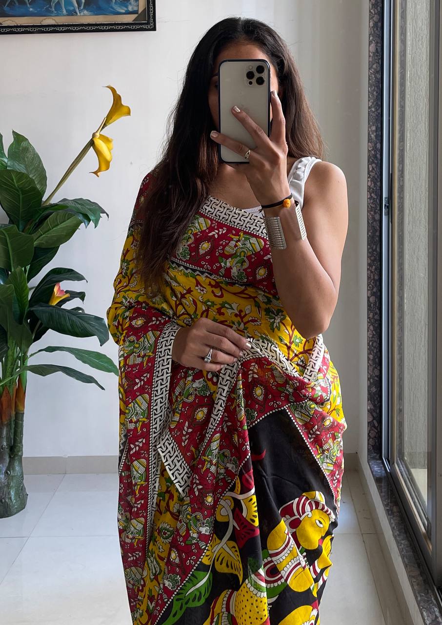 Mulmul Cotton Kalamkari Hand Block Print Saree