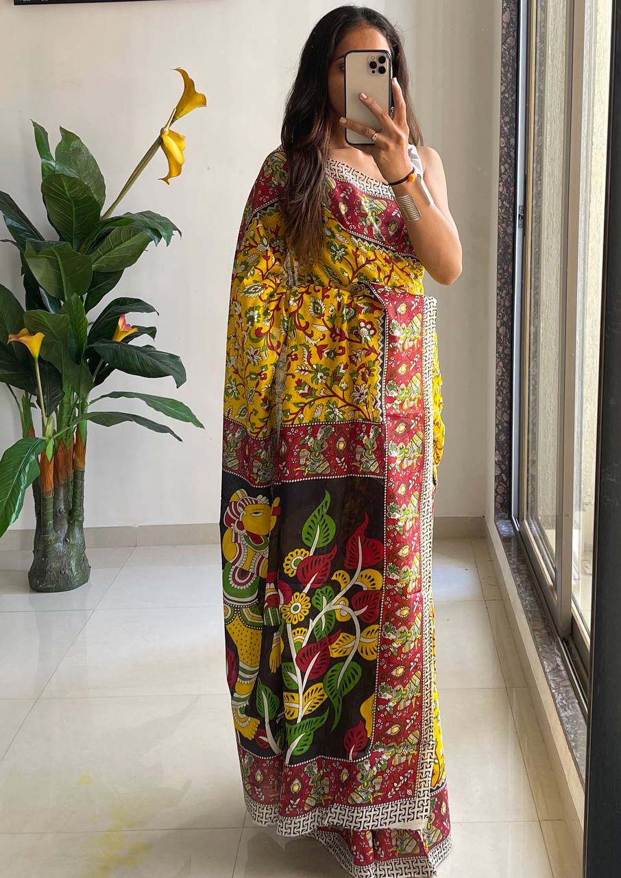 Mulmul Cotton Kalamkari Hand Block Print Saree