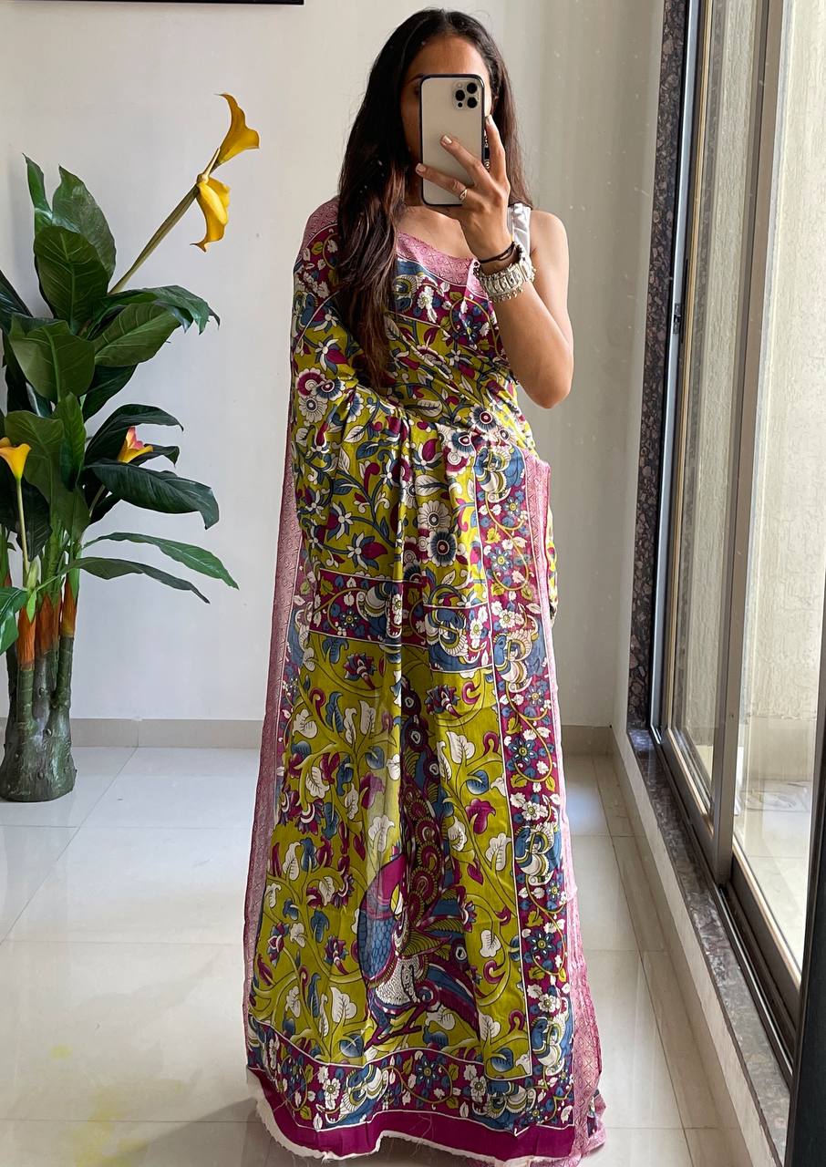 Woman's Mulmul Cotton Kalamkari Hand Block Print Saree
