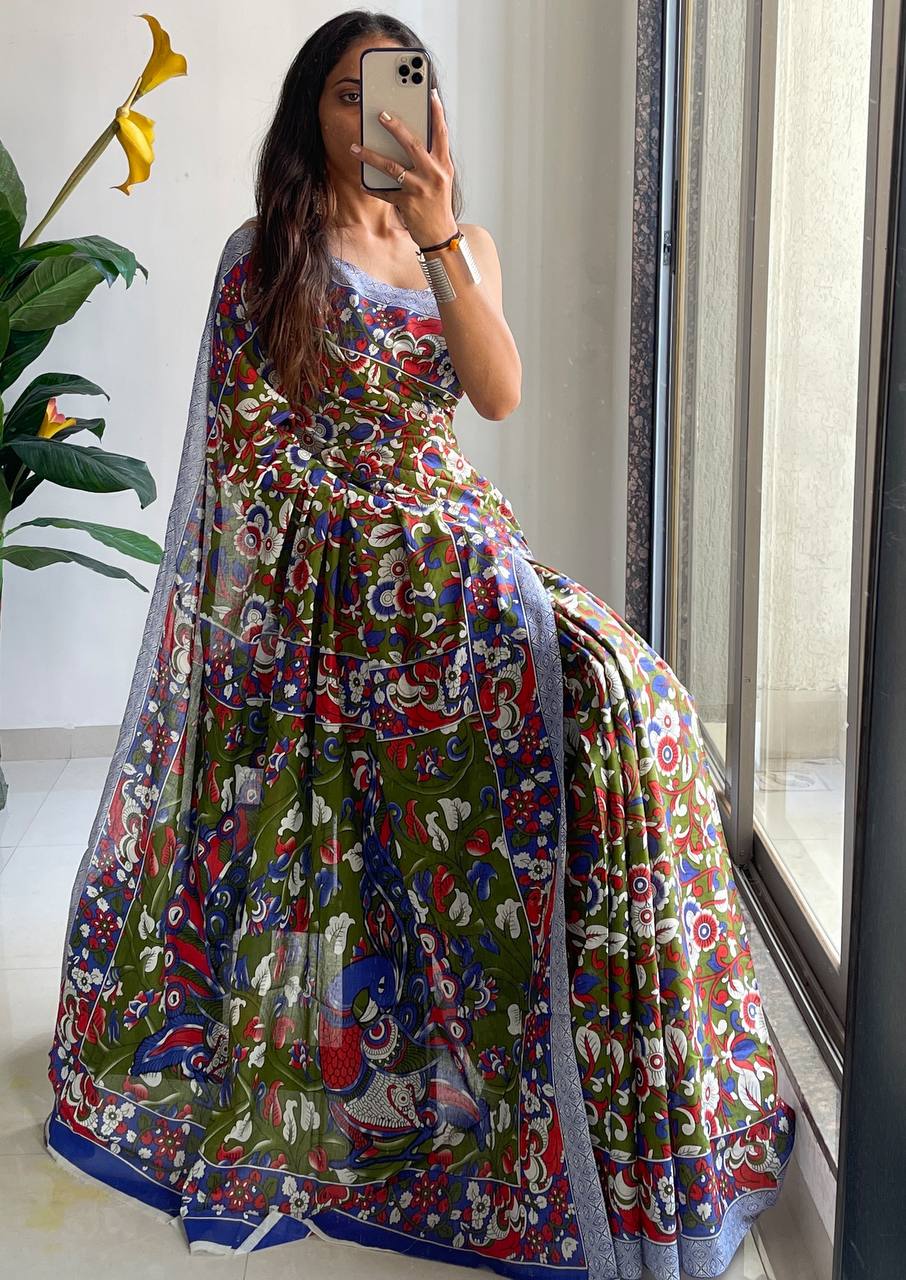 Woman's Mulmul Cotton Kalamkari Hand Block Print Saree