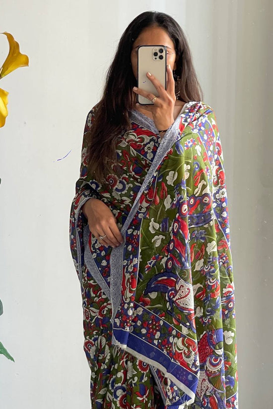 Woman's Mulmul Cotton Kalamkari Hand Block Print Saree