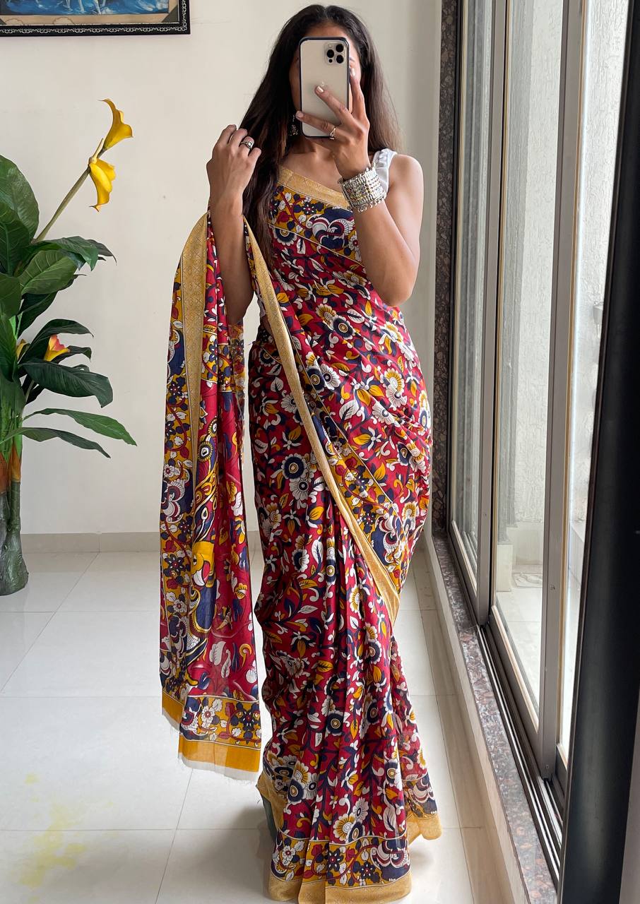 Woman's Mulmul Cotton Kalamkari Hand Block Print Saree