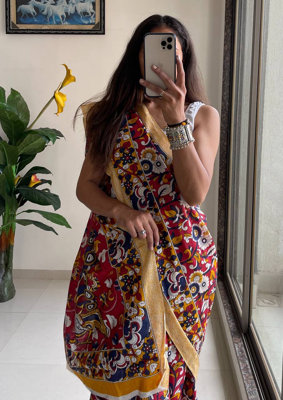 Woman's Mulmul Cotton Kalamkari Hand Block Print Saree