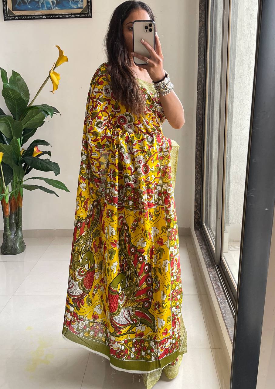 Woman's Mulmul Cotton Kalamkari Hand Block Print Saree