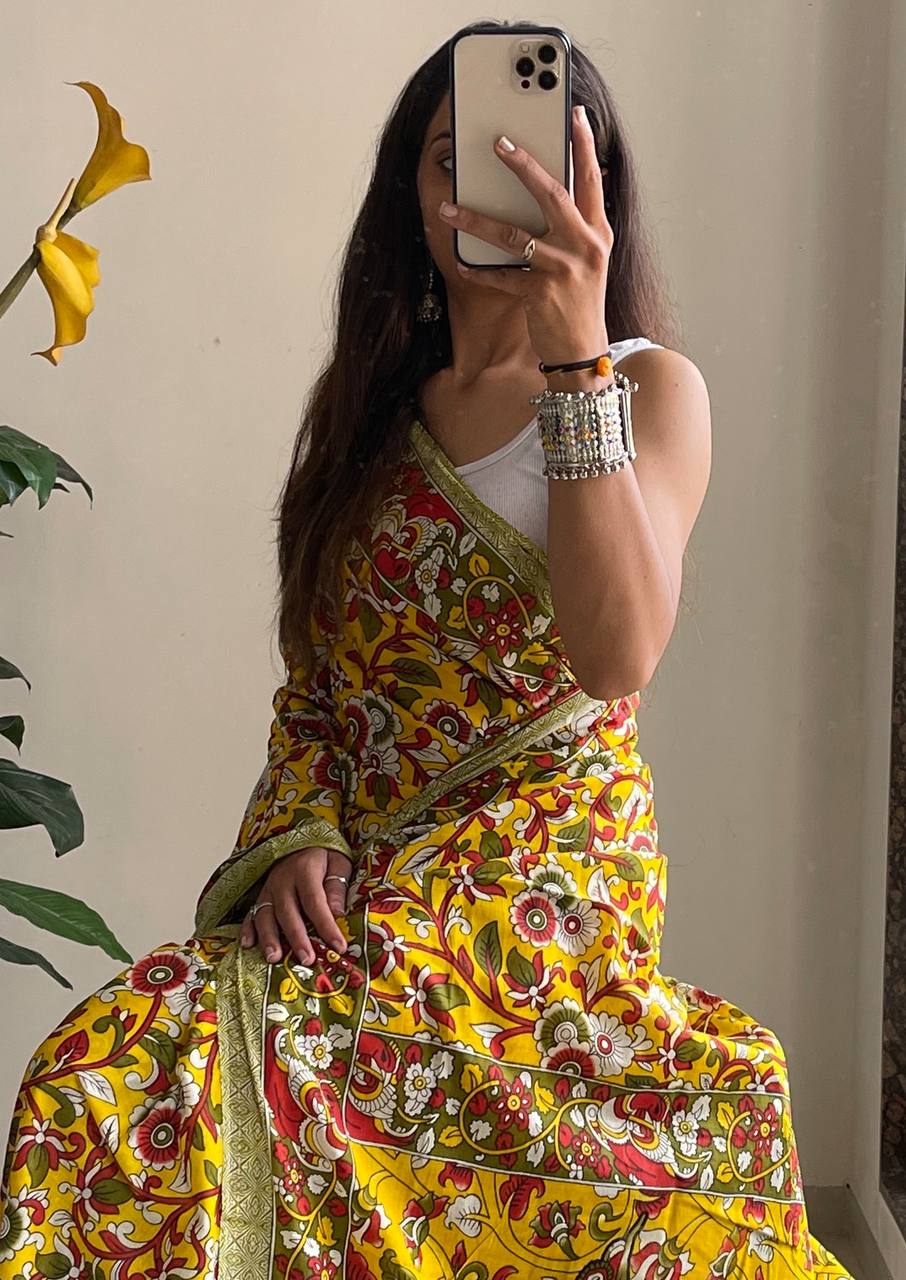 Woman's Mulmul Cotton Kalamkari Hand Block Print Saree