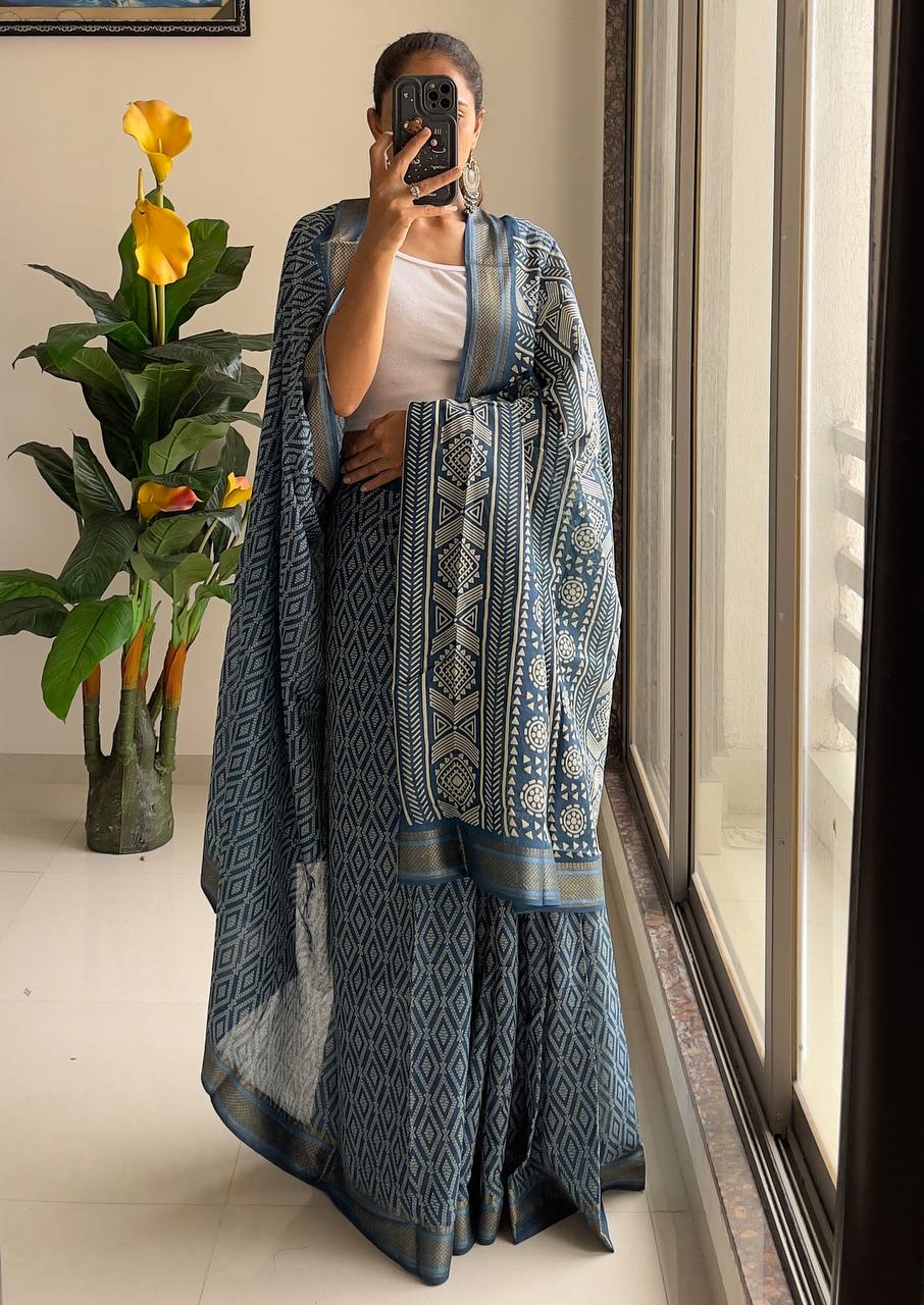 Bandhni Printed Elegance Mulmul Cotton Zari Border Saree