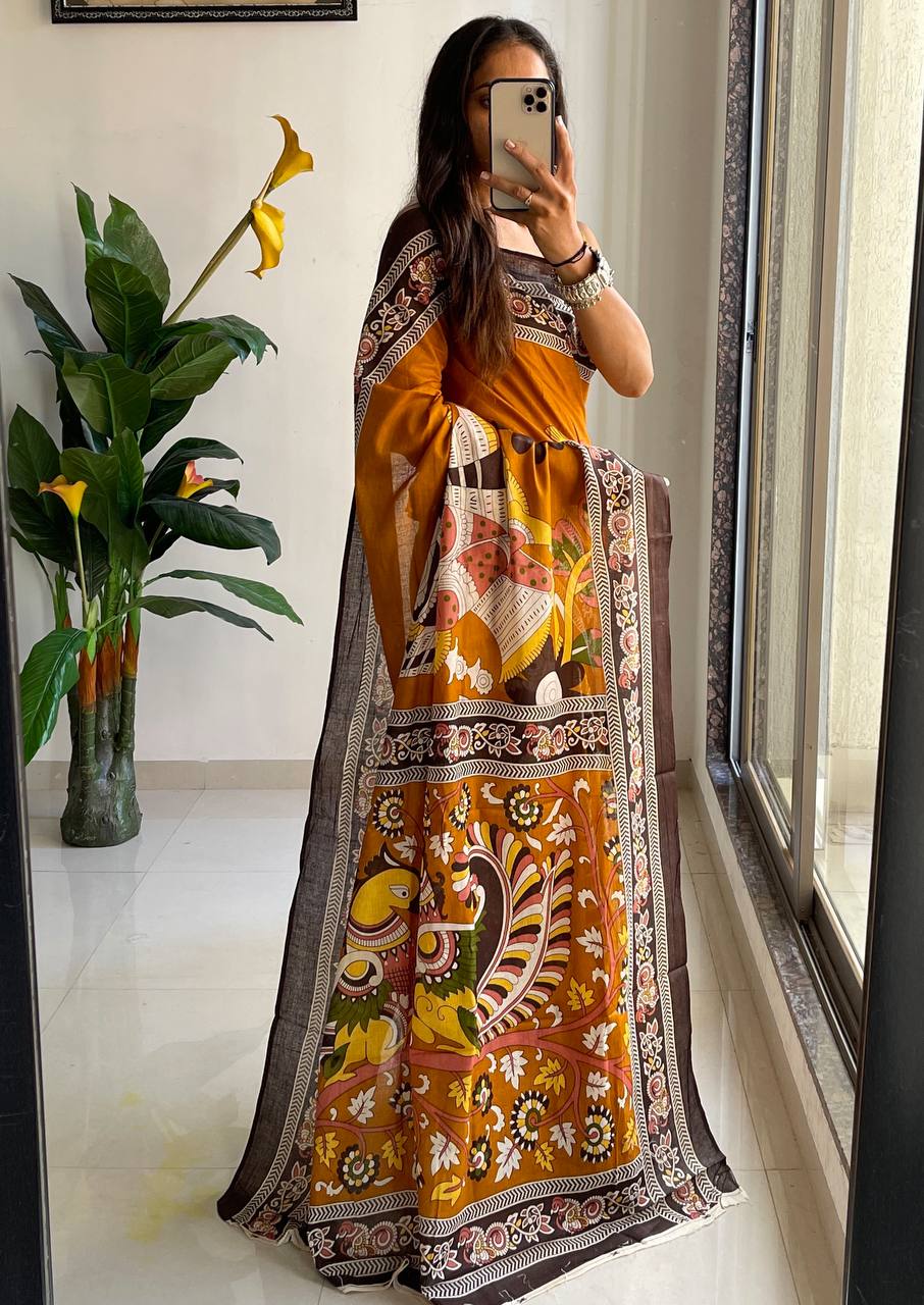 Trendy Mulmul Cotton Kalamkari Hand Block Print Saree